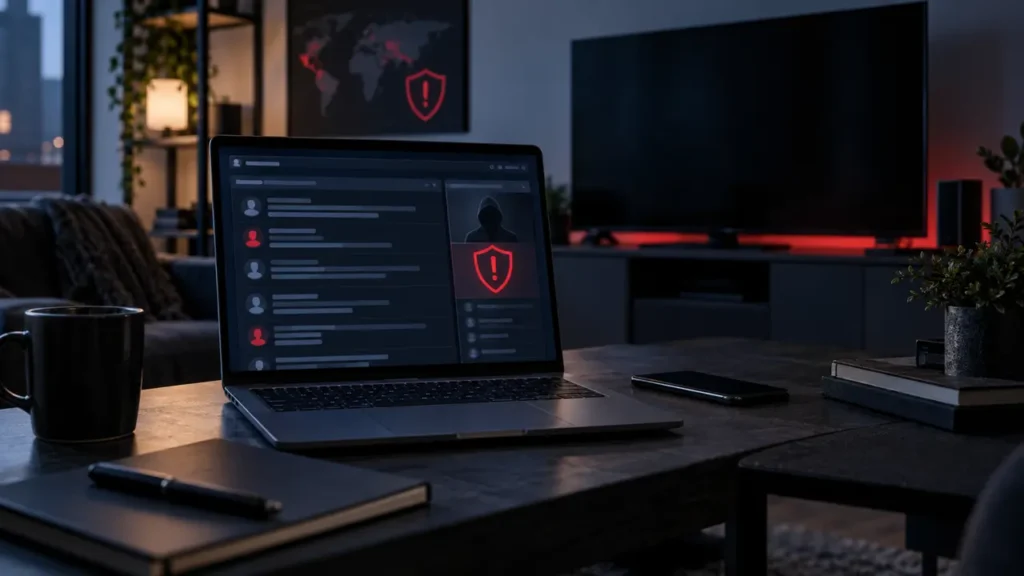Forum IPTV illégal avec symboles de sécurité et avertissement juridique