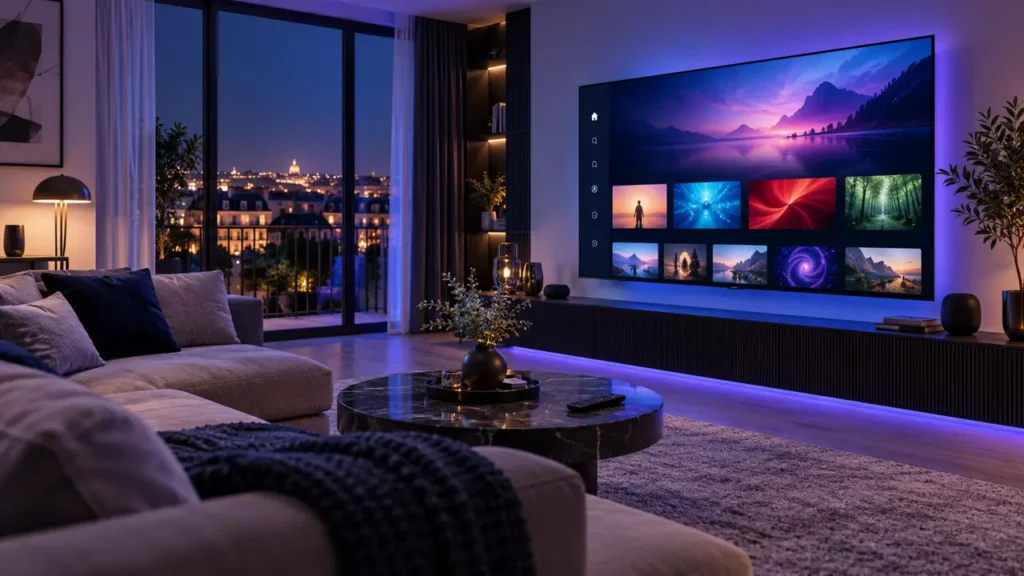 Premium IPTV TV sur un téléviseur connecté dans un salon moderne