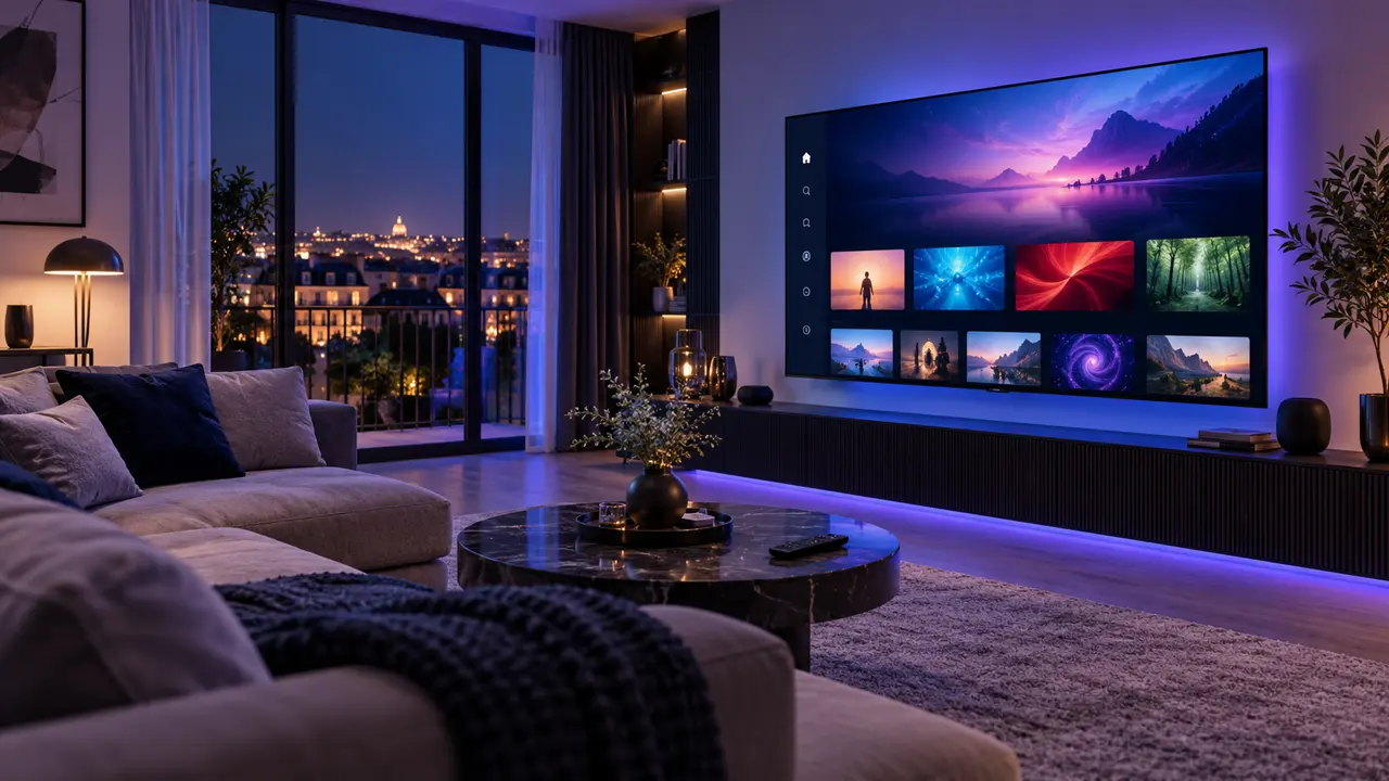 Premium IPTV TV sur un téléviseur connecté dans un salon moderne